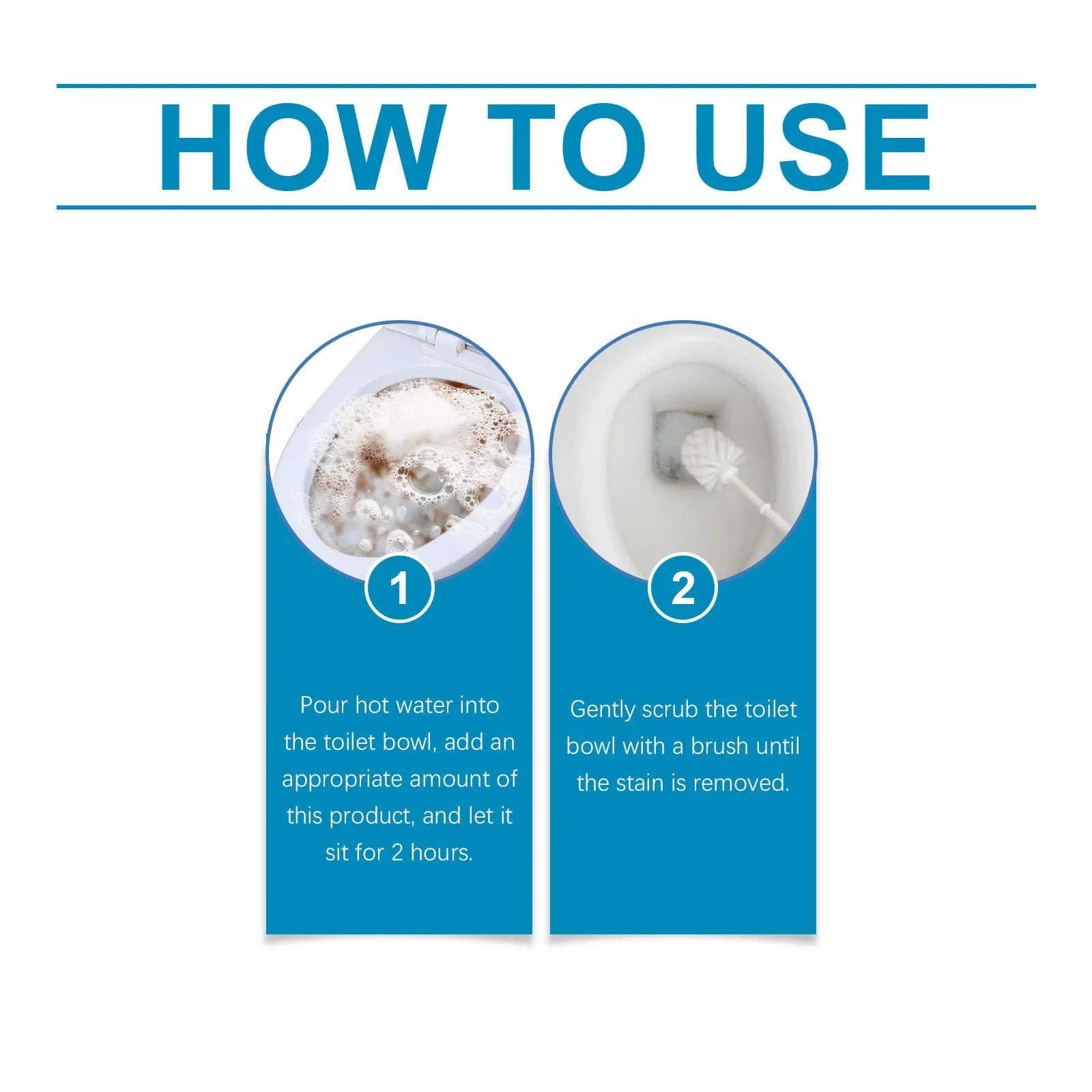 Four sachets of toilet cleaning powder showing 30g portions with sodium bicarbonate and citric acid ingredients