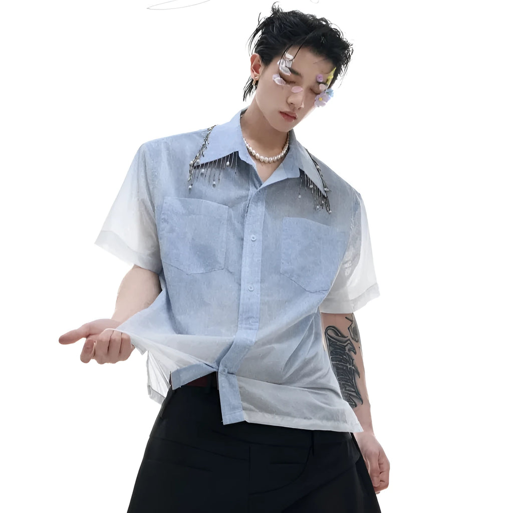 Men's blue and white gradient loose-fit short sleeve summer shirt on a hanger.