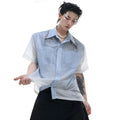 Men's blue and white gradient loose-fit short sleeve summer shirt on a hanger.