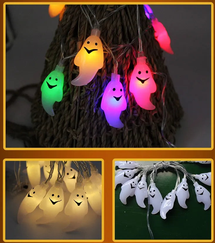 Halloween LED string lights with plastic pumpkin, ghost and bat decorations hanging on a 1.2 metre cable.