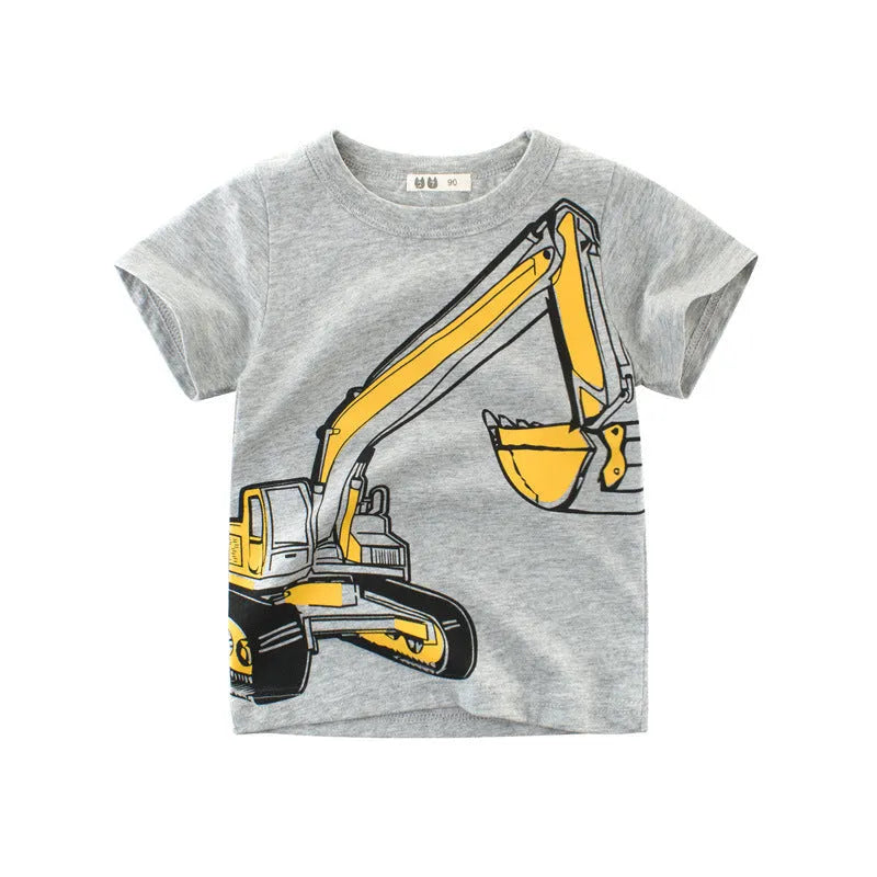 Children's cotton T-shirt with cartoon print in flower ash colour, short sleeves and round neck