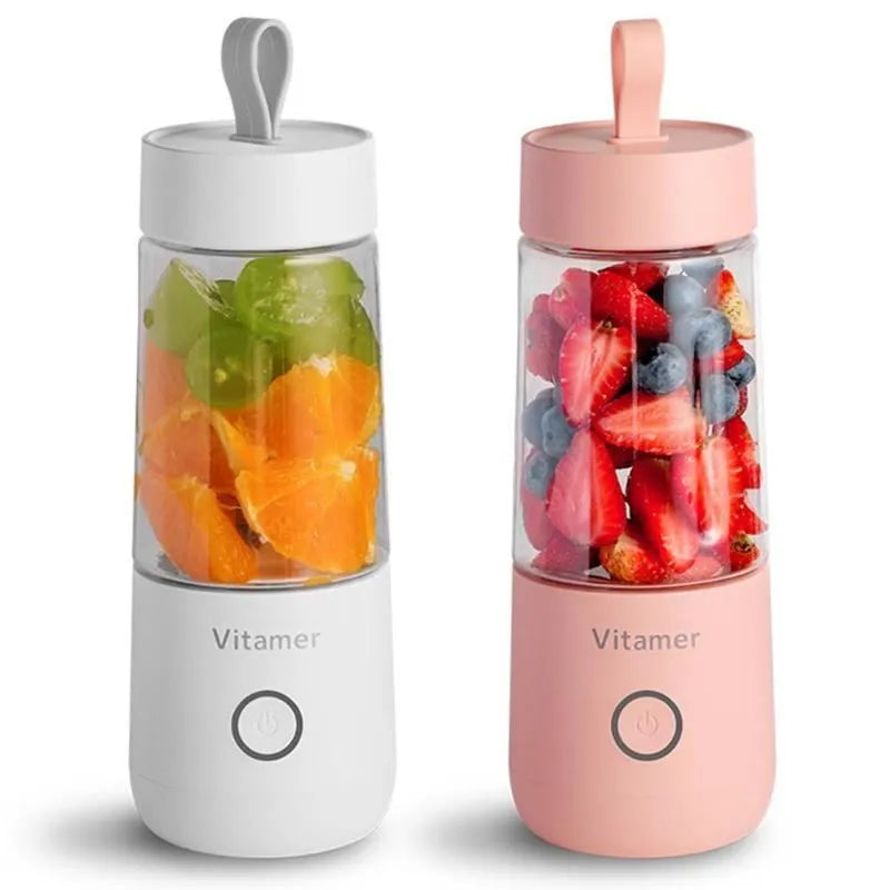 White portable USB blender bottle with silicone ring, 350ml capacity, and stainless steel blade on base.
