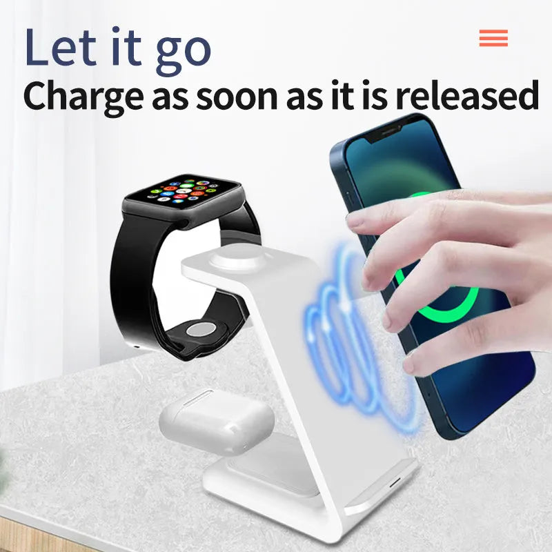 White upright wireless charging stand holding a mobile phone in landscape orientation.