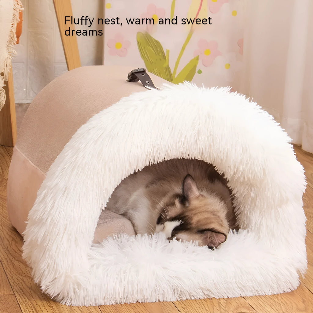 Splice Portable Pet Nest in brown with striped plush, moisture-proof base, suitable for small dogs and cats