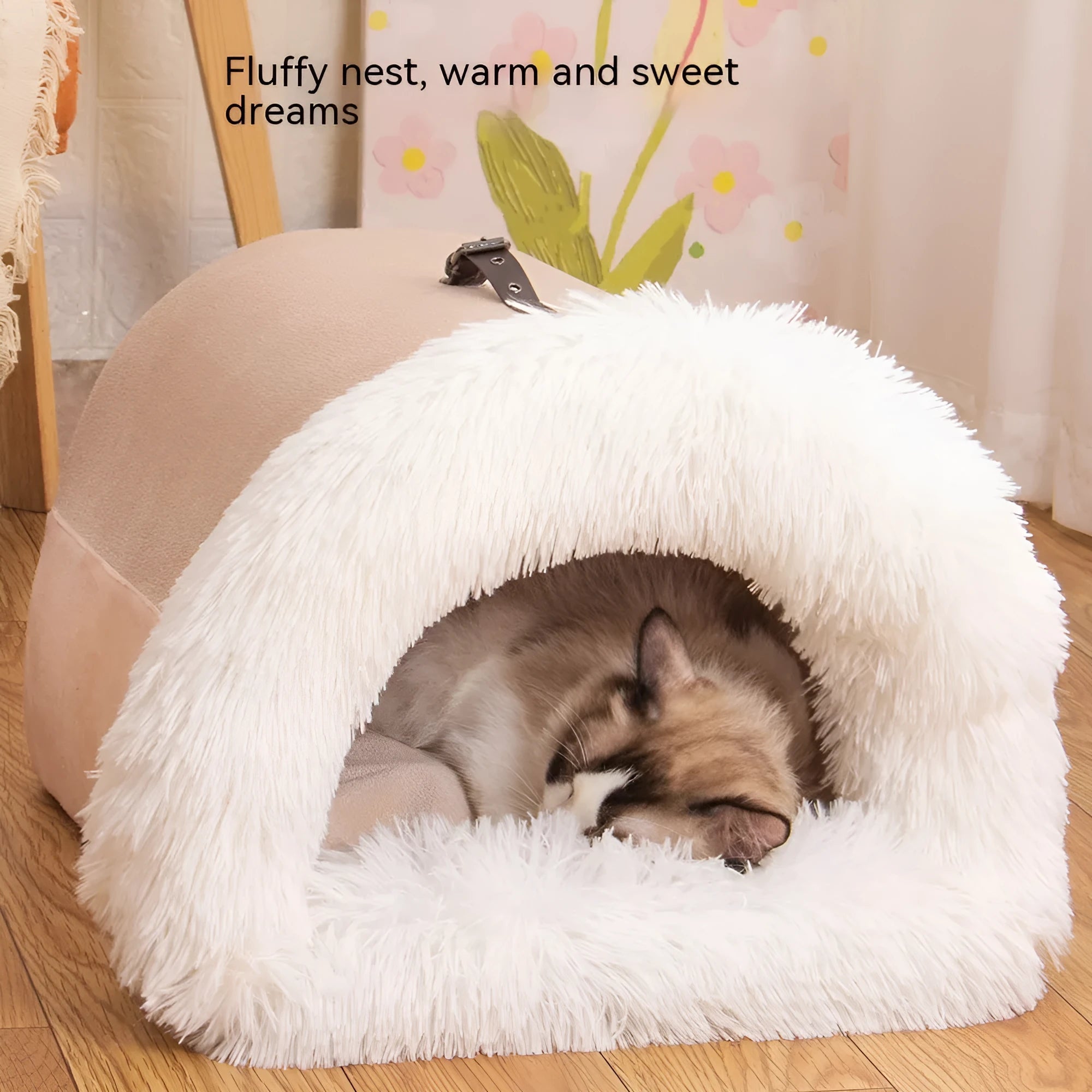 Splice Portable Pet Nest in brown with striped plush, moisture-proof base, suitable for small dogs and cats