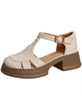Women's retro chunky platform ankle-strap high heels in beige or dark brown, mid 3-6cm heel, sizes 35-39