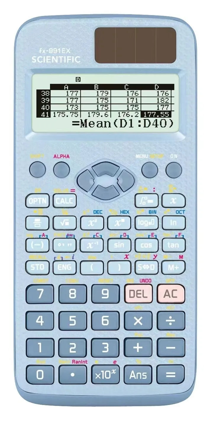 CASIO 991EX scientific calculator in black, blue, and pink colour options with solar panel