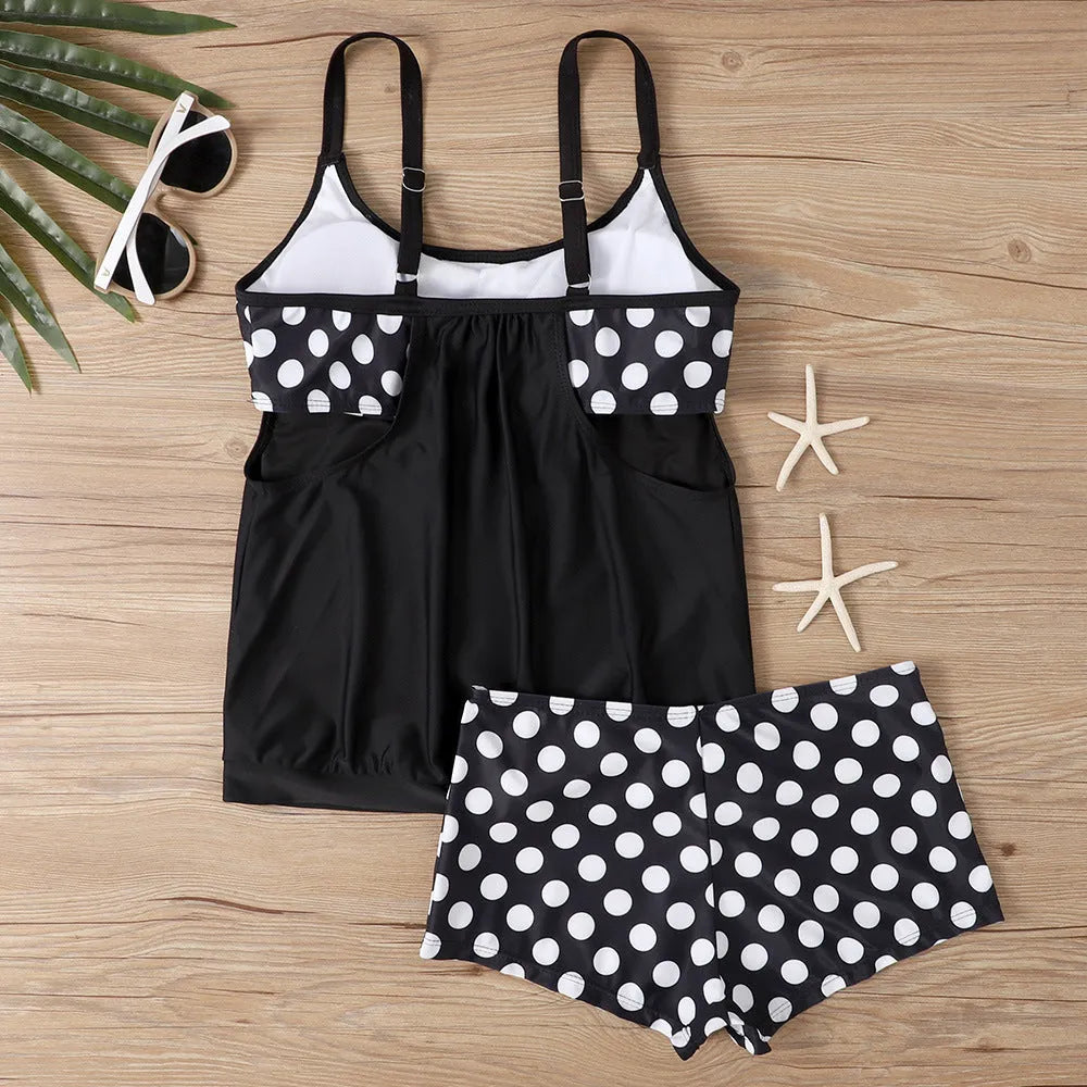 Women's polka dot print boxer swimsuit set with high-waisted brief pants
