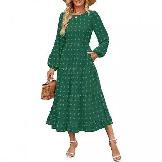 Women's beige high waist autumn dress with long ruffle sleeves, round neck.