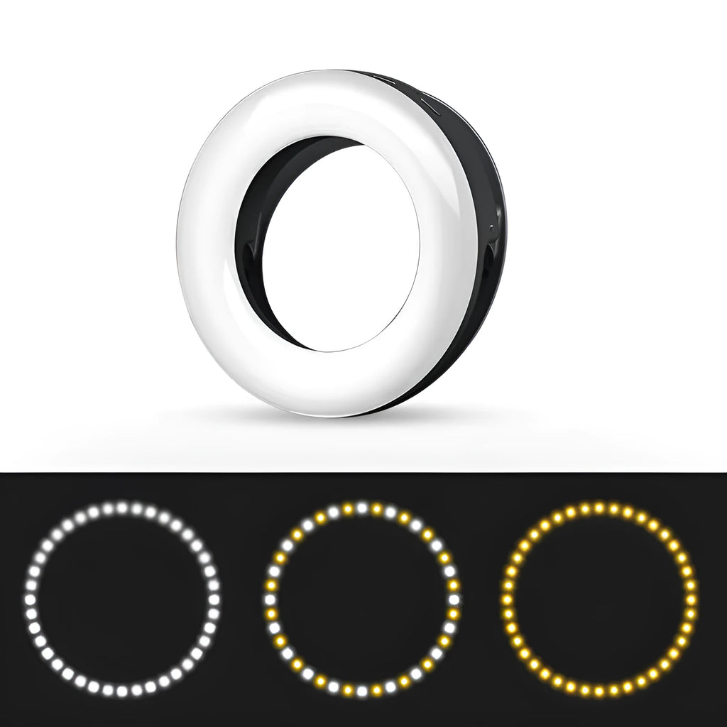 Compact black ring light for smartphone photography with USB charging cable.