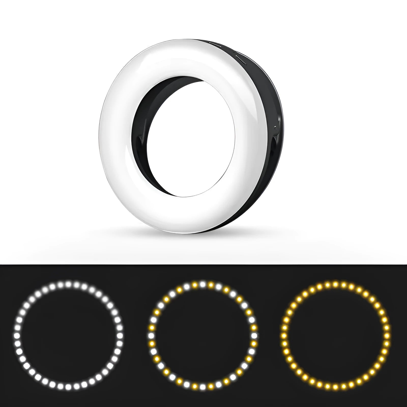 Compact black ring light for smartphone photography with USB charging cable.