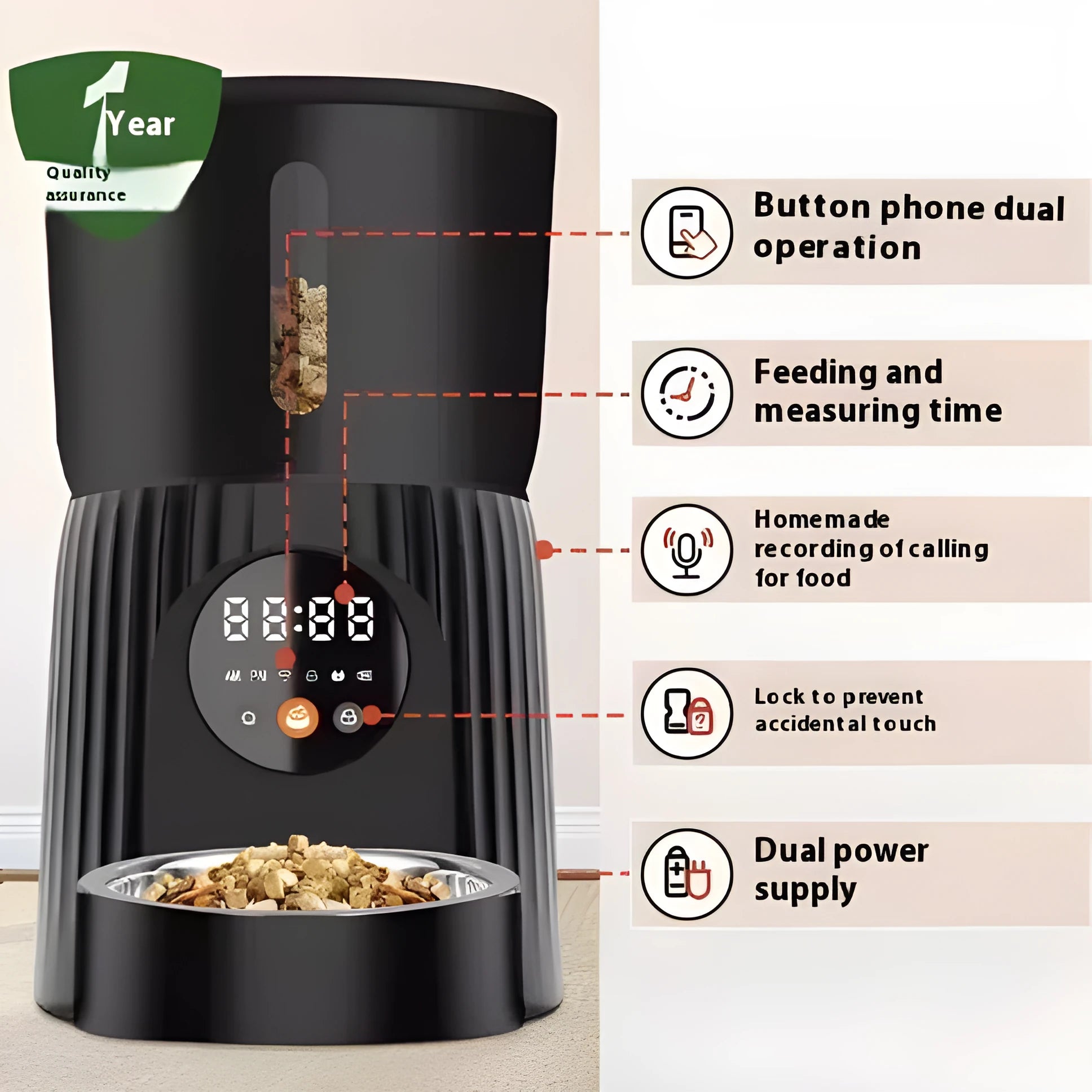 Black automatic pet feeder with digital display and detachable bowl on a kitchen floor.