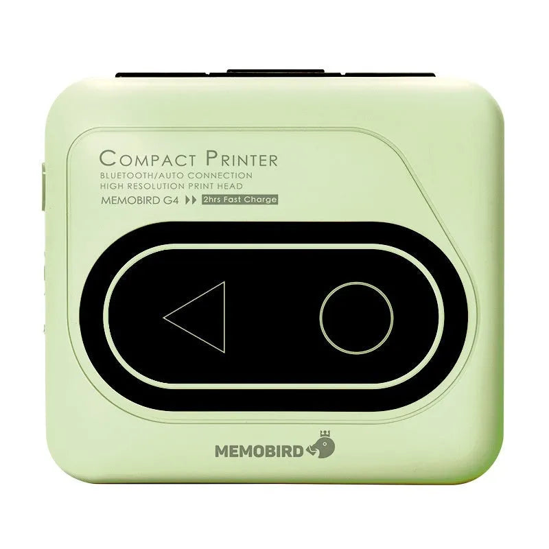 Avocado green Bluetooth mini thermal printer for mobile phones, shown with thermal paper and charging cable.