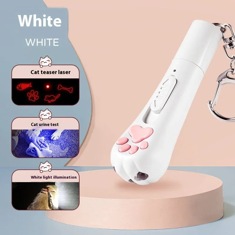 Rechargeable cat teaser toy with a light, shown in pink, cream, and sky blue colour options.