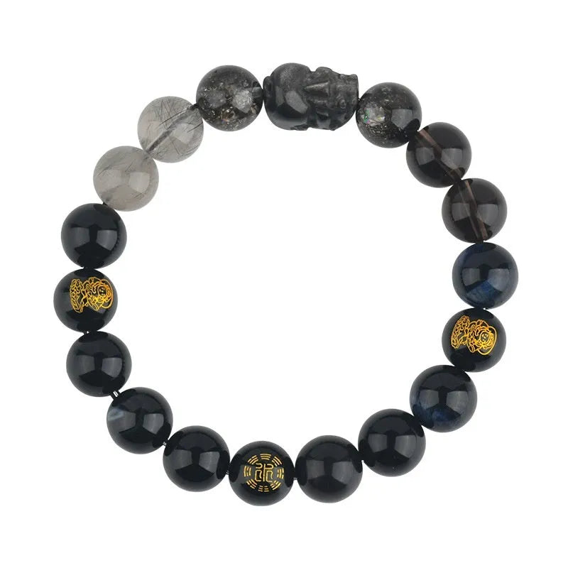 Handmade five elements crystal bracelet with gold wood water fire soil designs in 8mm and 12mm sizes