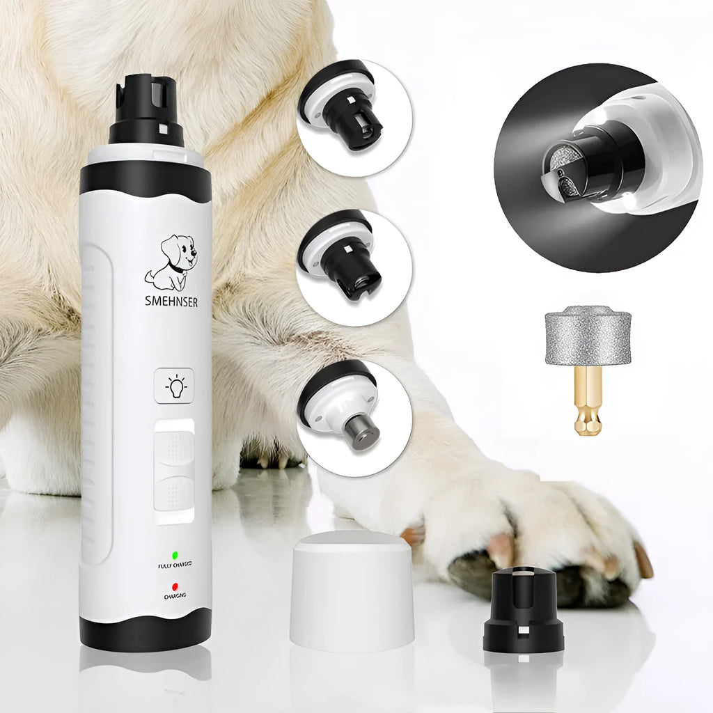 3-speed LED electric nail trimmer for dogs with dust collection compartment.