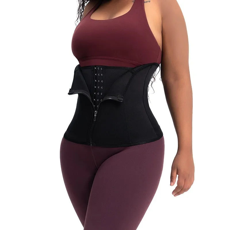 Neoprene body shaping belly band in black, shown flat, with a buckle or fastener visible.