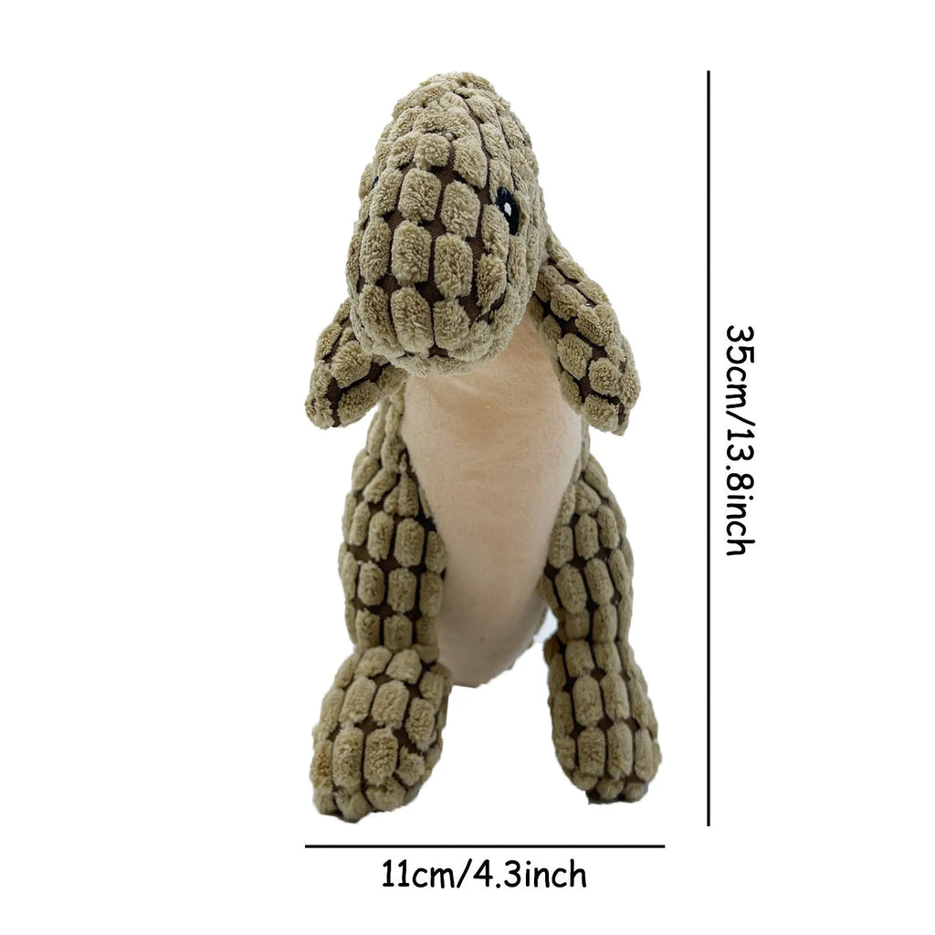 Grey, green, and orange dog chew toy with sound, measuring 35 cm long, for bite-resistant chewing.