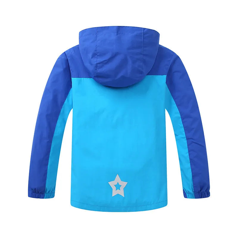 Blue boys' thin autumn jacket with long sleeves and a front zip, laid flat.