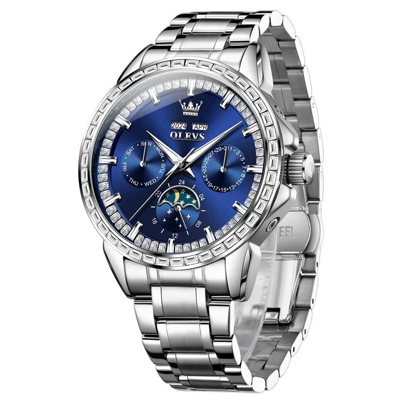 Men's stainless steel automatic chronograph watch with diamond dial and transparent case back.