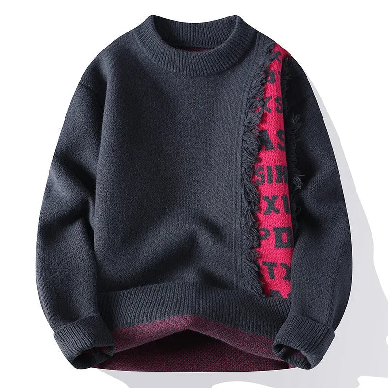 Men's loose knitted pullover in red with long sleeves and ribbed hemline