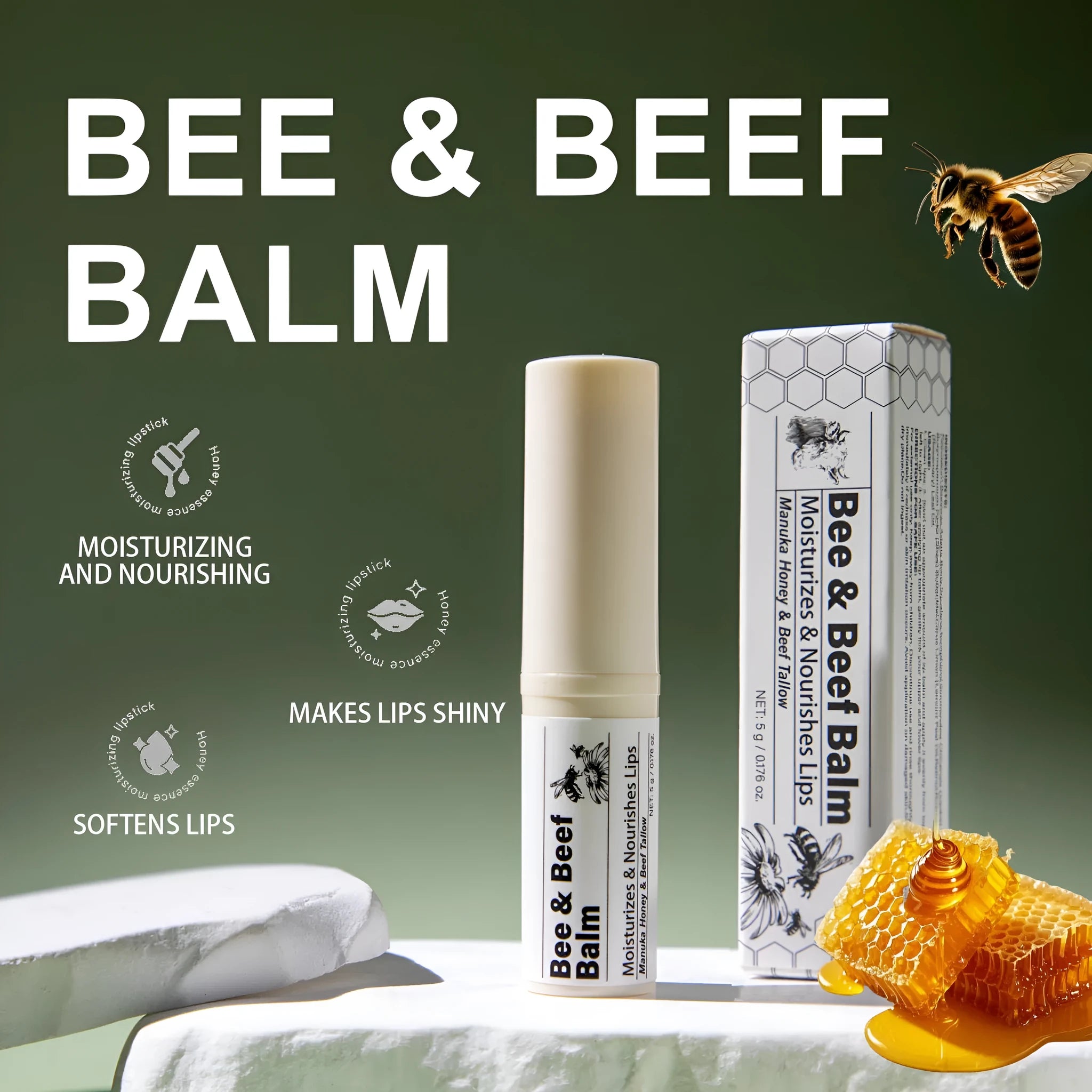 Beef fat and organic grass-fed butter lip balm stick measuring 83mm