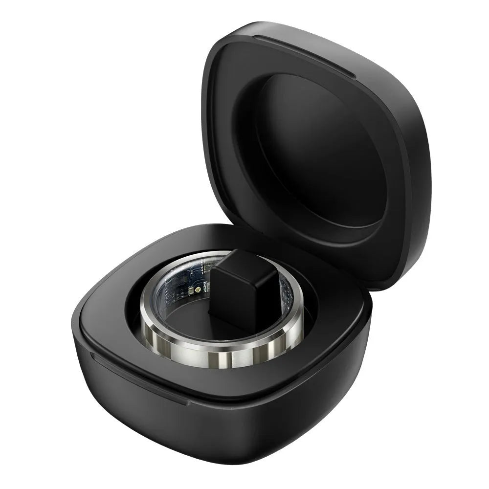R9 Smart Ring with charging bin in black ribbon style showing health monitoring features