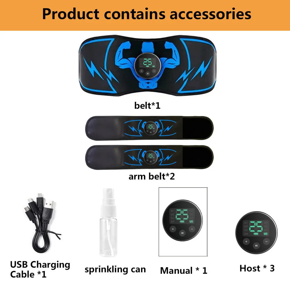 Blue EMS abdominal muscle stimulator belt with wireless remote control and rechargeable power source