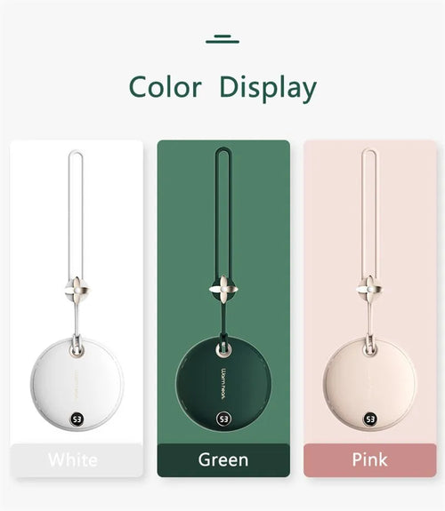 Green, pink, or white square 5000mAh hand warmer power bank with digital display next to charging cable.