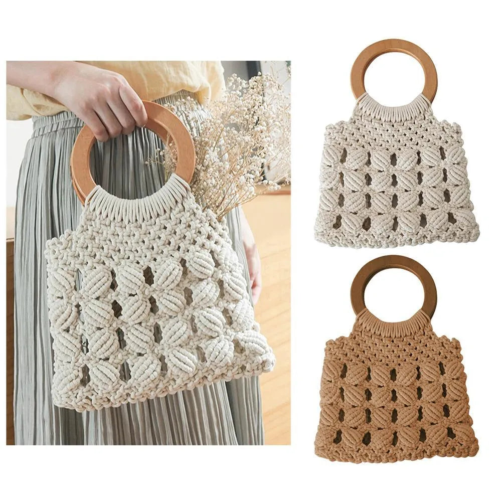 Fashion cotton rope straw women bag with round wooden handle, hollow weave, 28x30cm, brown colour