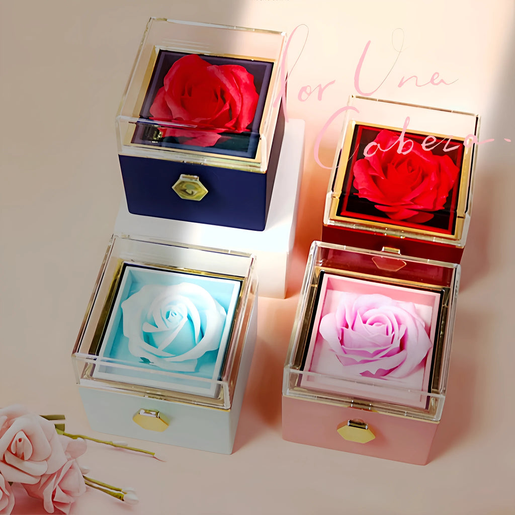 Rotating soap flower rose gift box with transparent acrylic cover showing preserved rose and jewellery drawer
