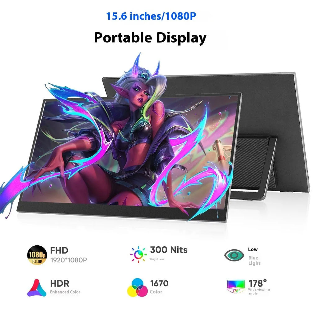 Black 15.6-inch portable LCD monitor on an adjustable stand with HDMI and USB cables.