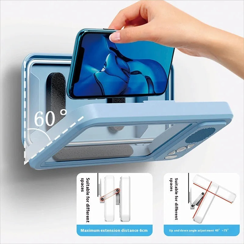 White bathroom waterproof mobile phone box bracket with charging cable mounted on tiled wall