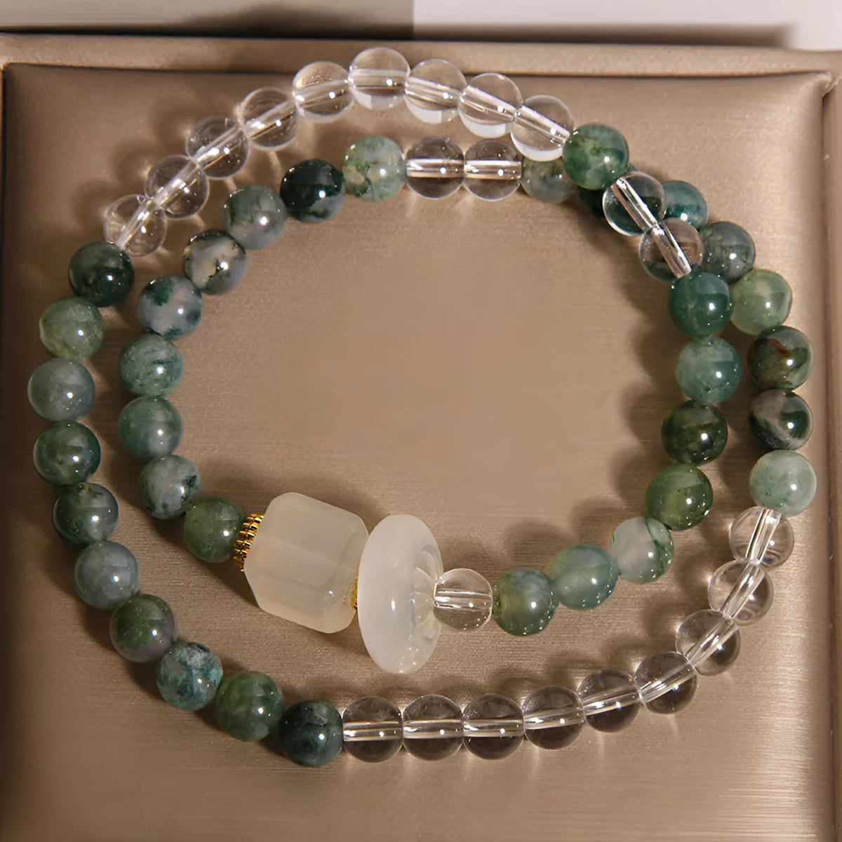 Green grass agate crystal bracelet with white agate cube sugar beads on a flexible ring