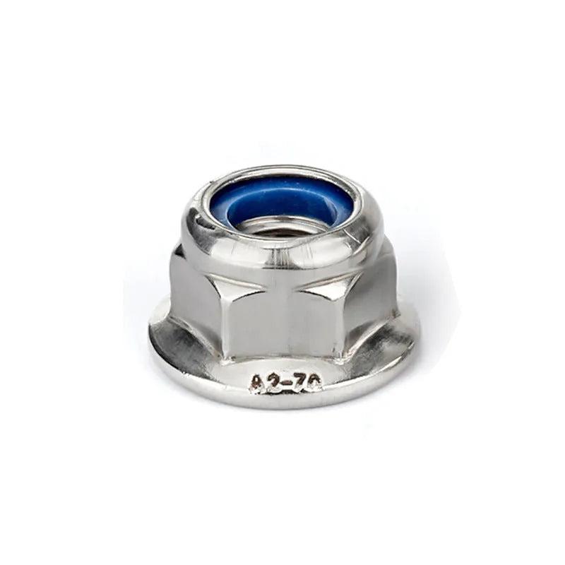 Stainless steel flange nylon lock nut with hexagonal head on white background