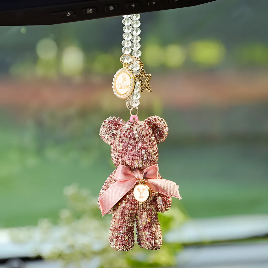 Black Violent Bear car rearview mirror pendant with diamond-embedded crystal rhinestones.