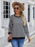 Black polyester pullover sweater with Japanese plaid printed pattern and regular long sleeves