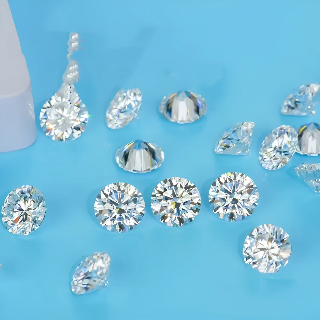 Round loose moissanite gemstone with eight hearts and eight arrows cut on a grey background
