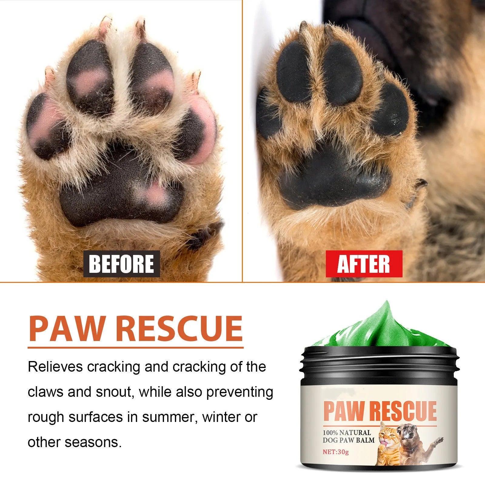 30g can of pet paw care cream with natural oils for dog pad protection