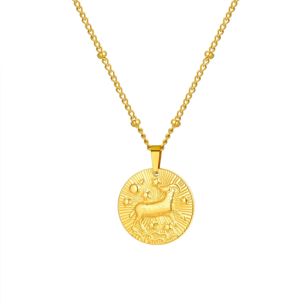 Stainless steel zodiac constellation necklace with twelve charm pendants on cross chain