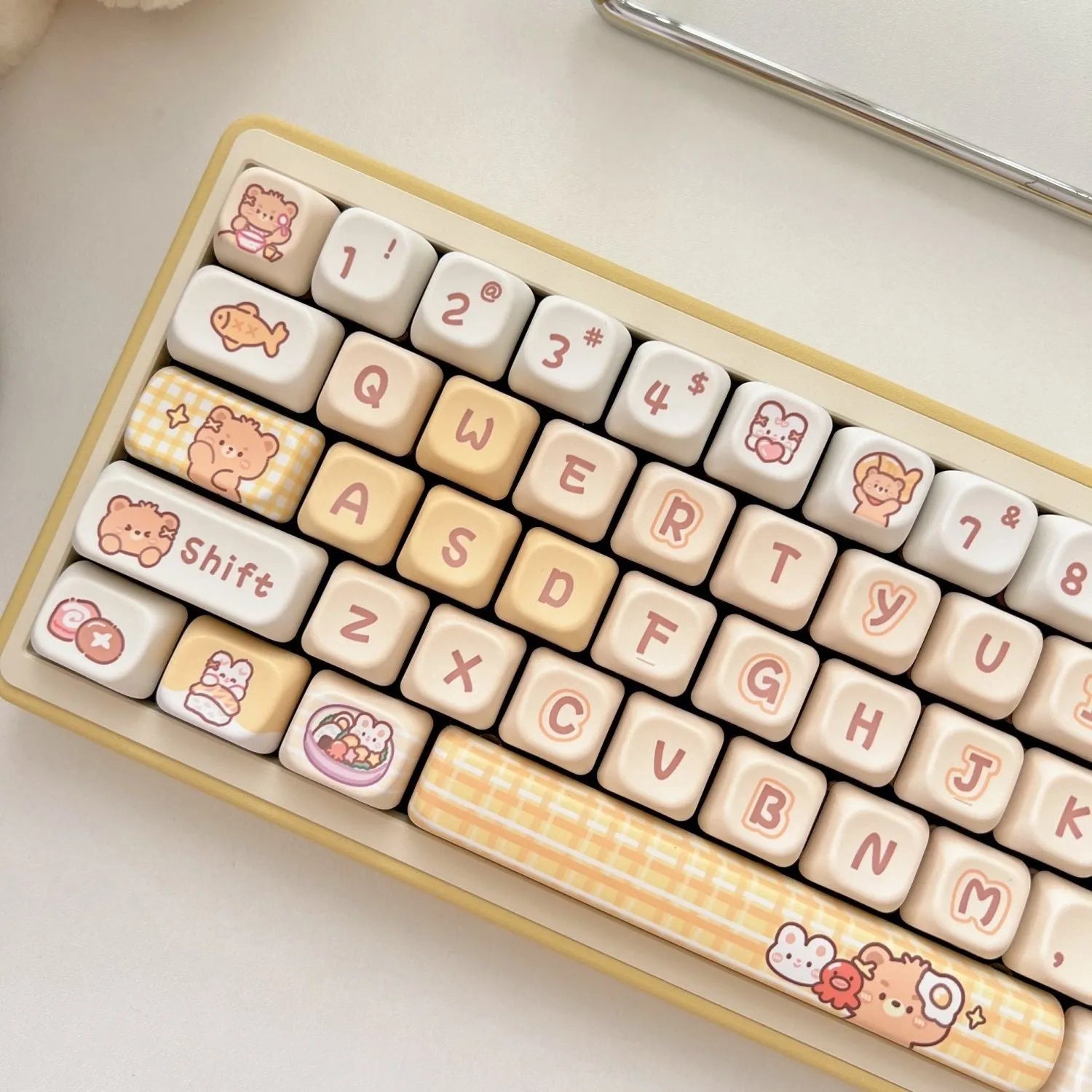 Set of 140 Rabbit Bear Restaurant themed PBT keycaps with EOA height profile laid out.
