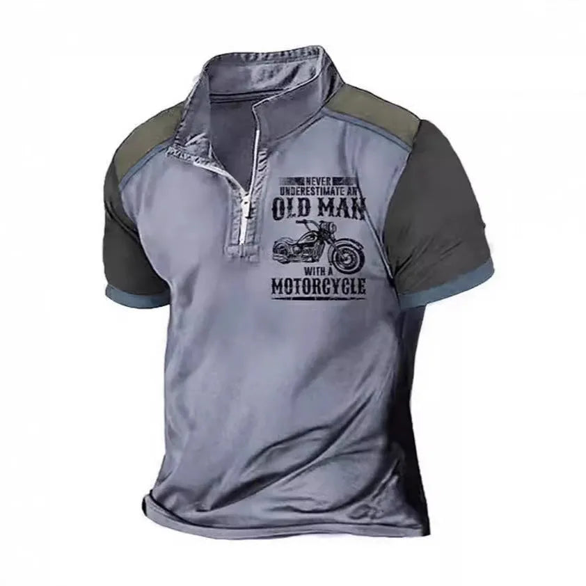 Men's casual lapel polo shirt with digital letter print on short sleeves.