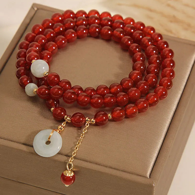 Women's red agate crystal bracelet with multi-layer beads and elastic adjustable band