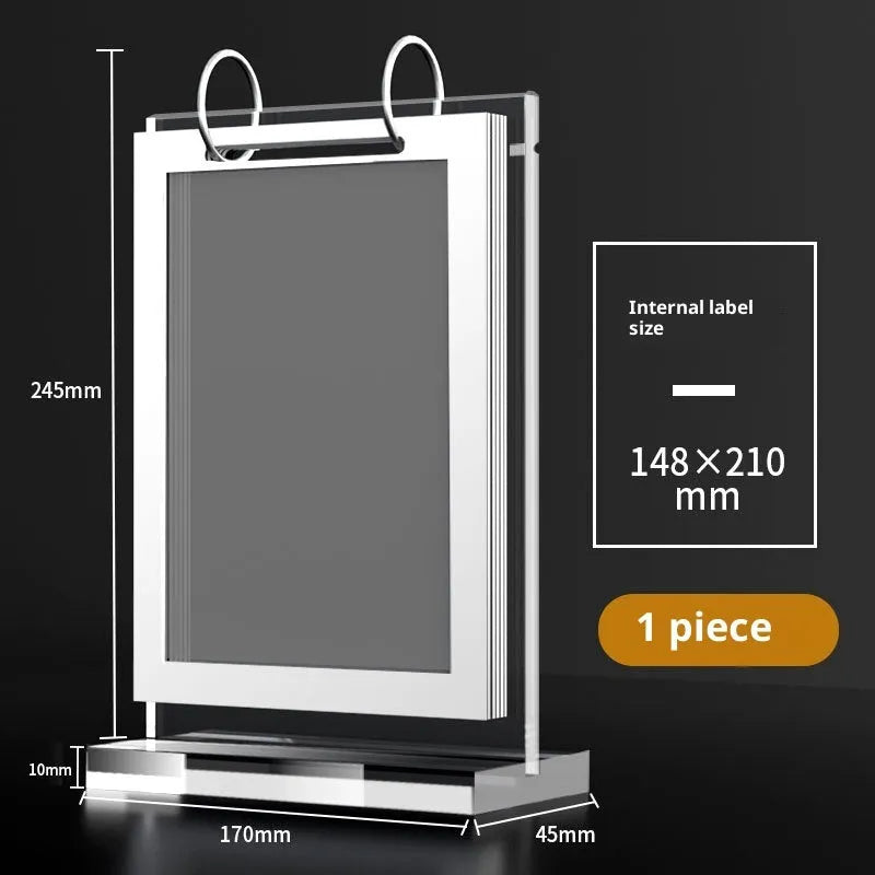 Clear acrylic display stand for place cards, available in A5 vertical 210mm x 148mm or V horizontal 132mm x 175mm