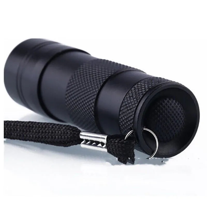 Handheld portable purple light detection LED flashlight with aluminium alloy body, 3W power, 12LED option, on a plain background