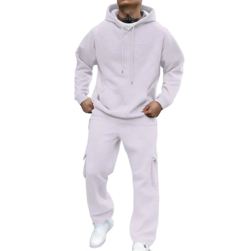 Men's hooded pullover tracksuit set with long-sleeved top and trousers in thickened polyester blend, ten colours, S to 3XL.