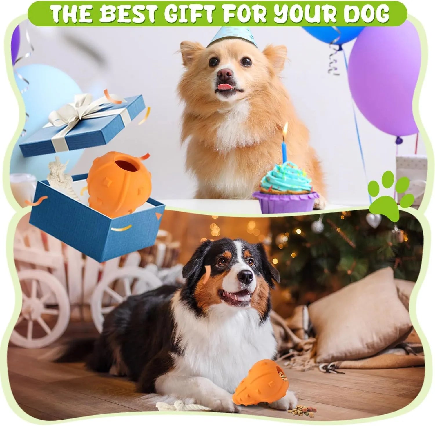 Durable natural rubber dog toy for small medium breeds, shown with a longer strap for fetch.