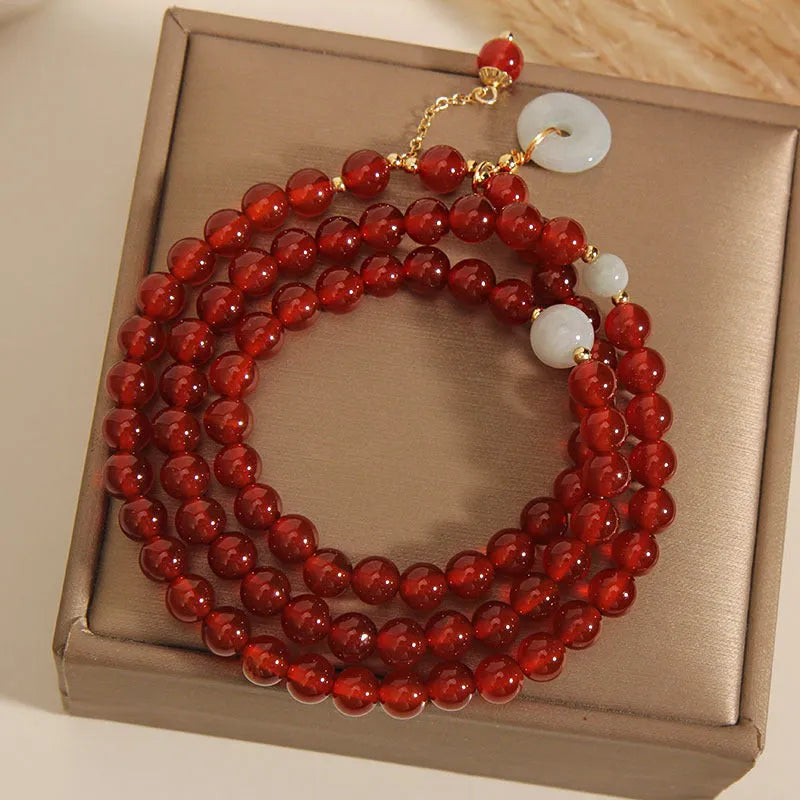 Women's red agate crystal bracelet with multi-layer beads and elastic adjustable band