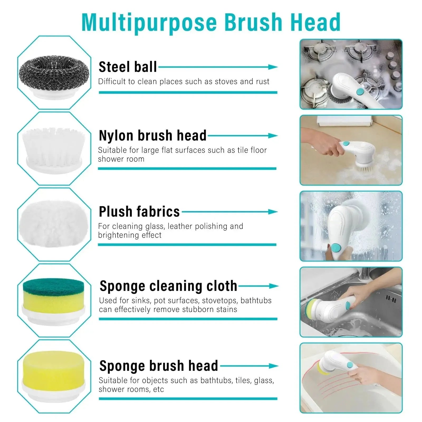 White cordless electric handheld spin scrubber with five different cleaning brush heads and a USB charging cable.