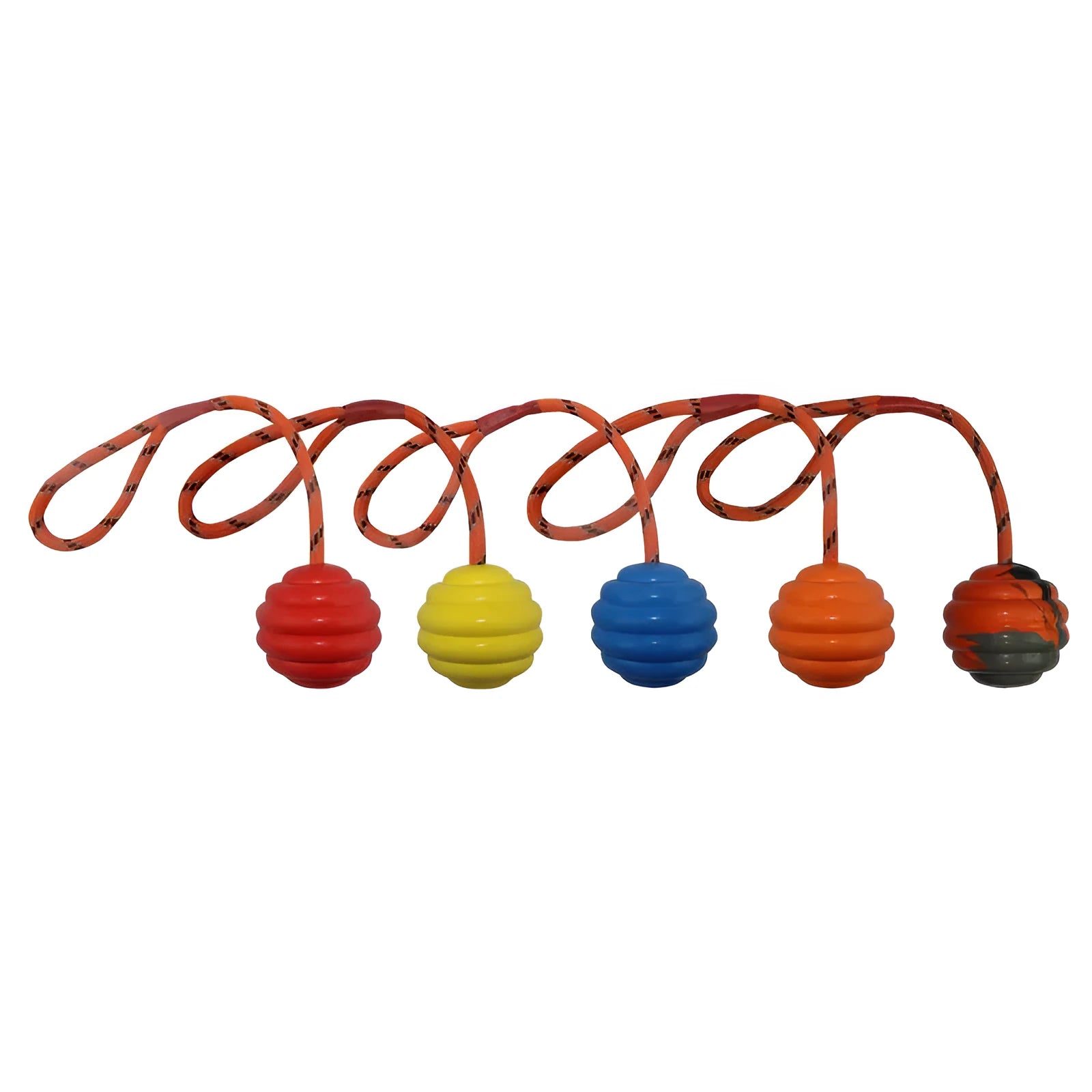 Multi-colour rubber pet ball toy with rope knot texture measuring 6x30cm